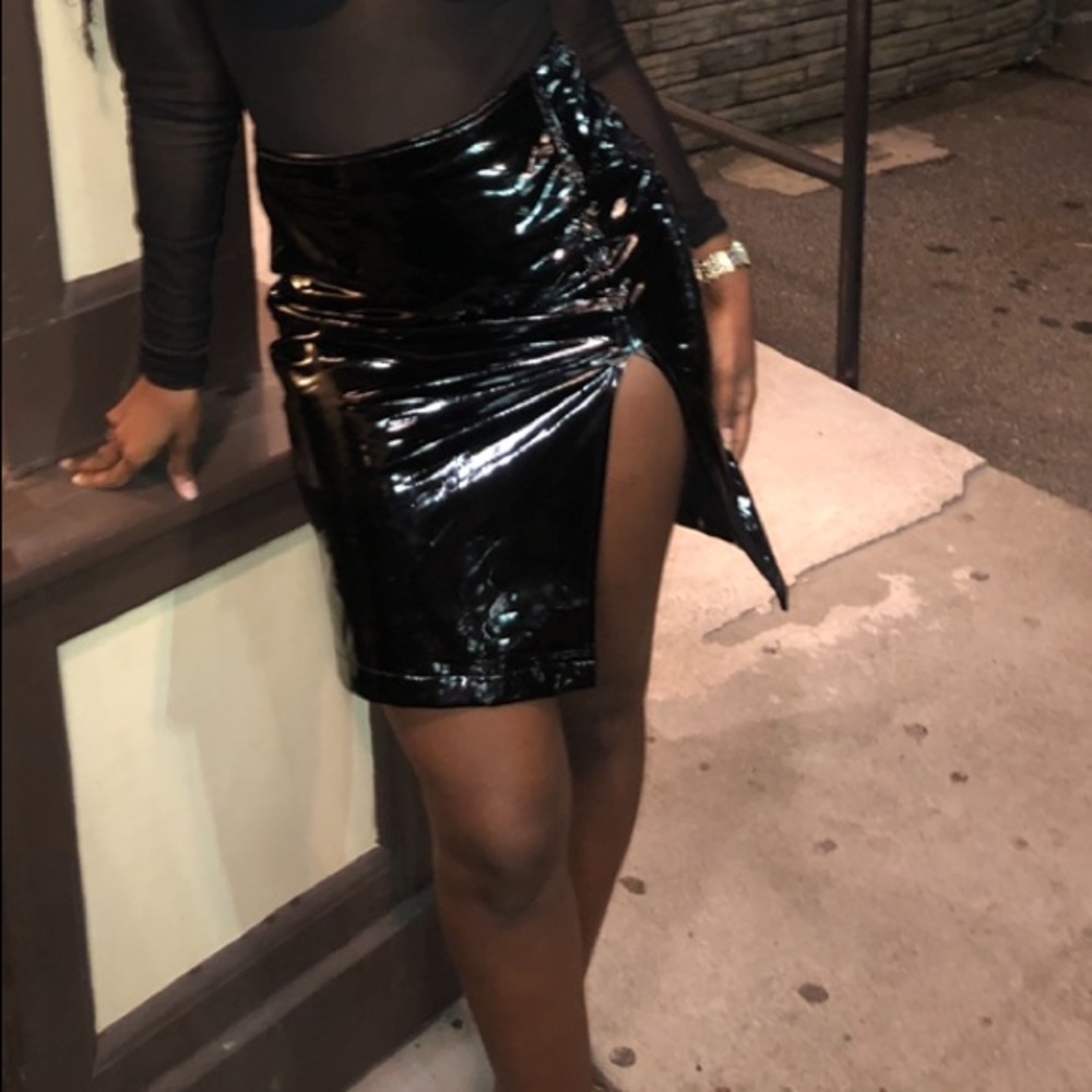 Black Leather midi skirt with High slit